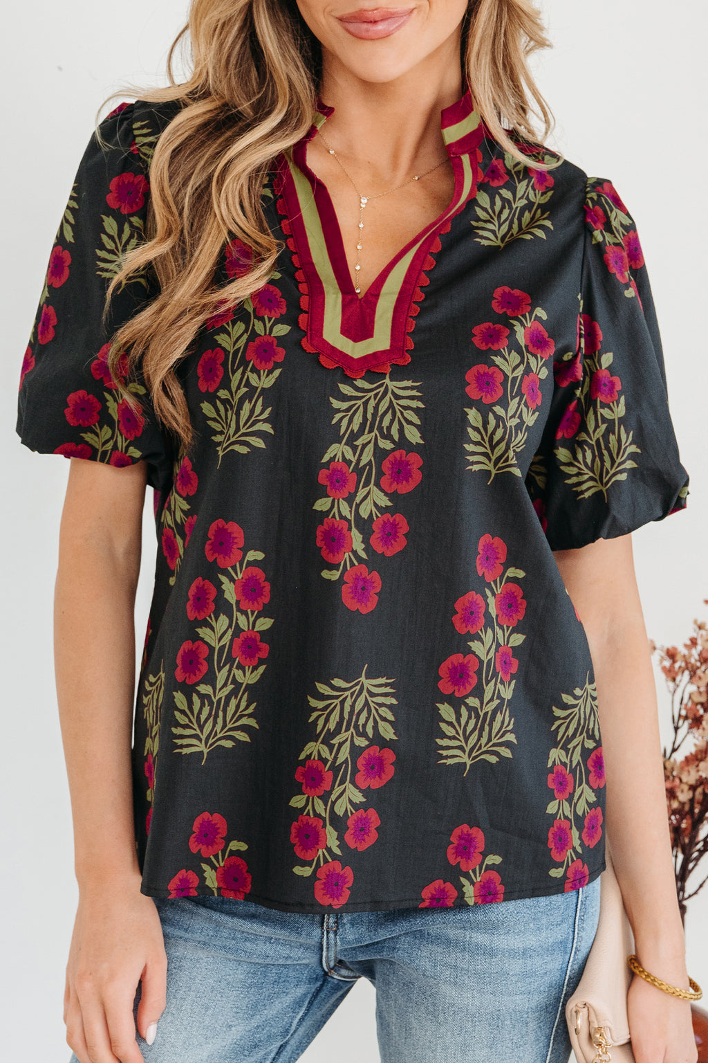 Floral Short Bubble Sleeve Contrast Slit Neckline Blouse