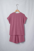 Pitaya Pink Twisted Ribbed Loose Tee Drawstring Elastic Waist 2pcs Short Set