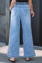 Beau Blue Drawstring Elastic Waist Leopard Striped Side Panel Wide Leg Jeans