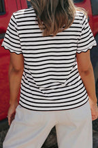Striped Scalloped Trim Round Neck T Shirt