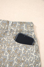 Khaki Raw Edge Leopard Print Denim Shorts