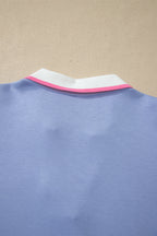 Preppy Striped Trim V Neck Polo Tee Drawstring Skirt Set
