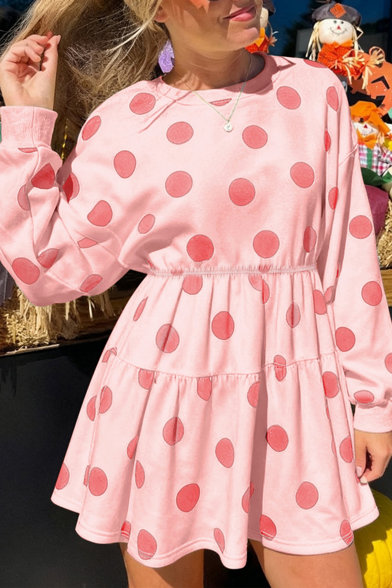 Polka Dot Printed Long Sleeve Flared Mini Dress