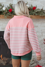 Striped Buttoned V Neck Collared Drop Shoulder Top