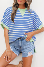 Striped Contrast Trim Loose Short Sleeve Top