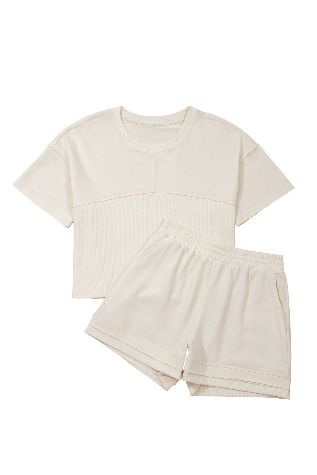 Solid Color Contrast Textured Patchwork Raw Edge 2pcs Short Set
