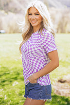 Purple Checkered Print Mock Neck Mesh T Shirt