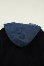 Black Ribbed Knit Contrast Denim Patchwork Hooded Long Sleeve Top
