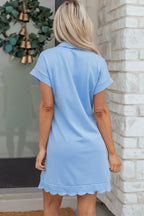 Solid Color Snap Button Polo Collar Short Sleeve Scallop Hem Mini Dress