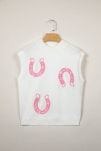 Corded Horseshoes Ribbed Trim Mock Neck Short Sleeve Sweater