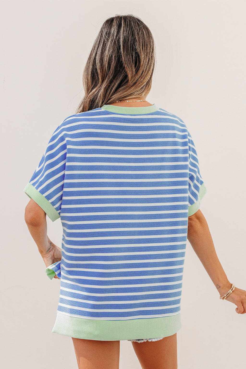 Striped Contrast Trim Loose Short Sleeve Top