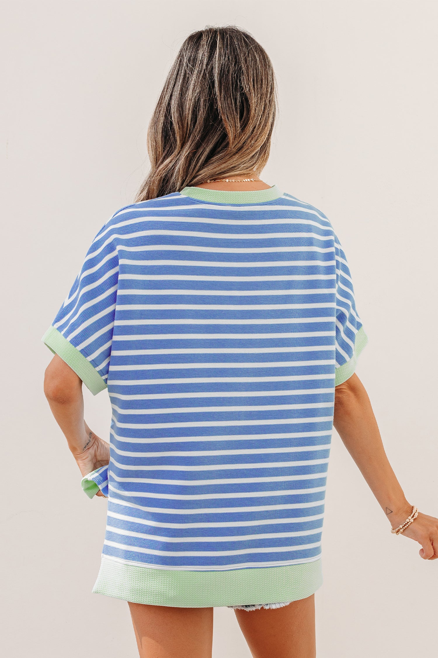 Striped Contrast Trim Loose Short Sleeve Top