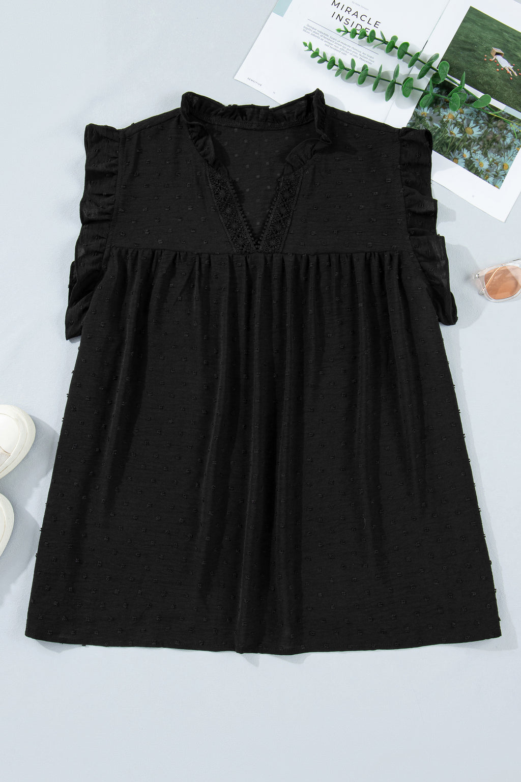 Plus Size Swiss Dot Ruffle Lace Trim V Neck Tank Top