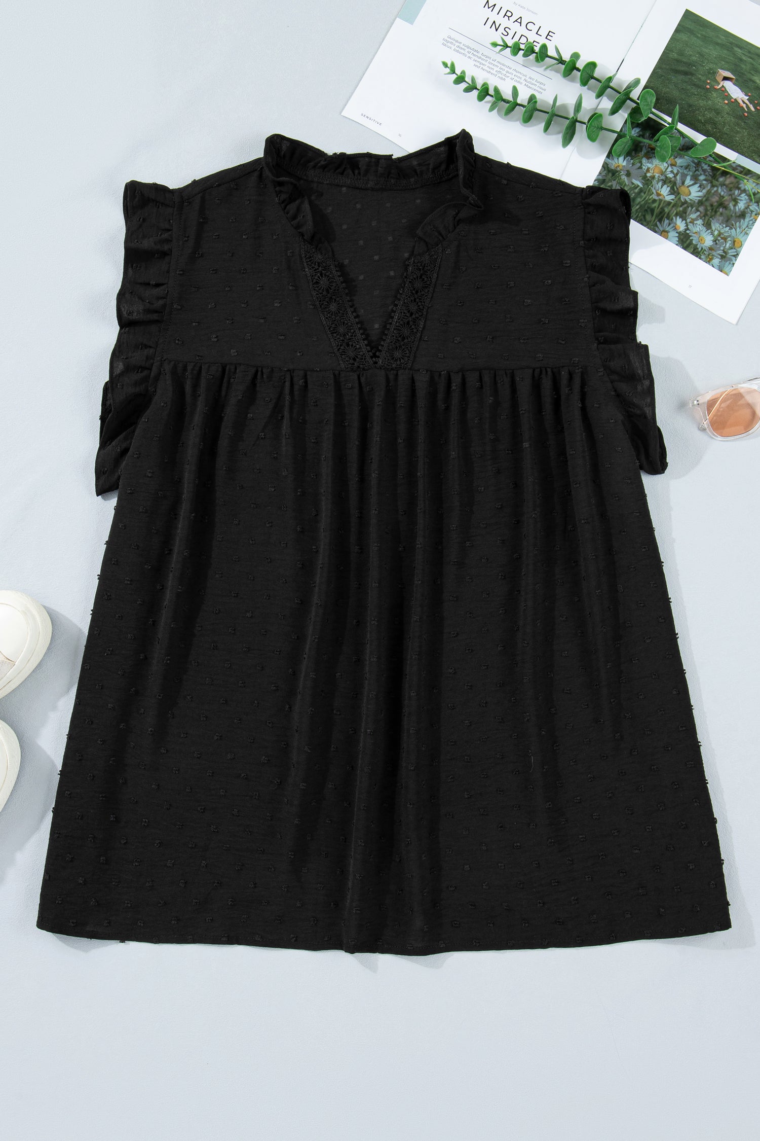 Plus Size Swiss Dot Ruffle Lace Trim V Neck Tank Top