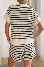 Black Stripe Ribbed Color Block Trim Zip Polo Tee Drawstring Shorts 2pcs Outfit