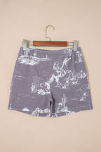 Grey Western Print Elastic Waist Cotton Denim Shorts