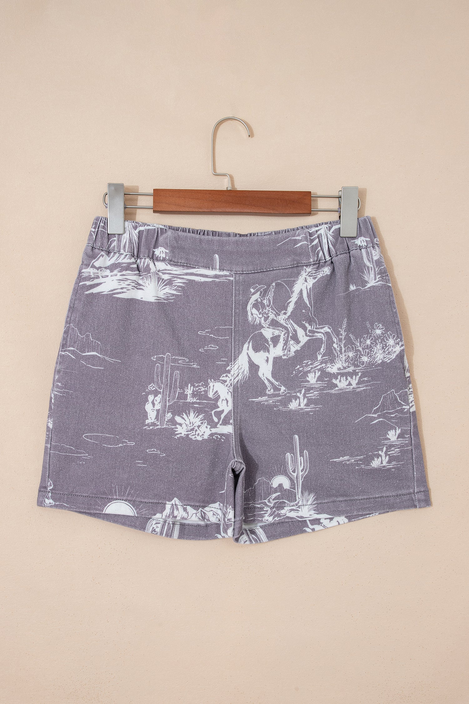 Grey Western Print Elastic Waist Cotton Denim Shorts