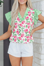 Multicolour Sweet Floral Print Striped Ruffle Trim V Neck Blouse