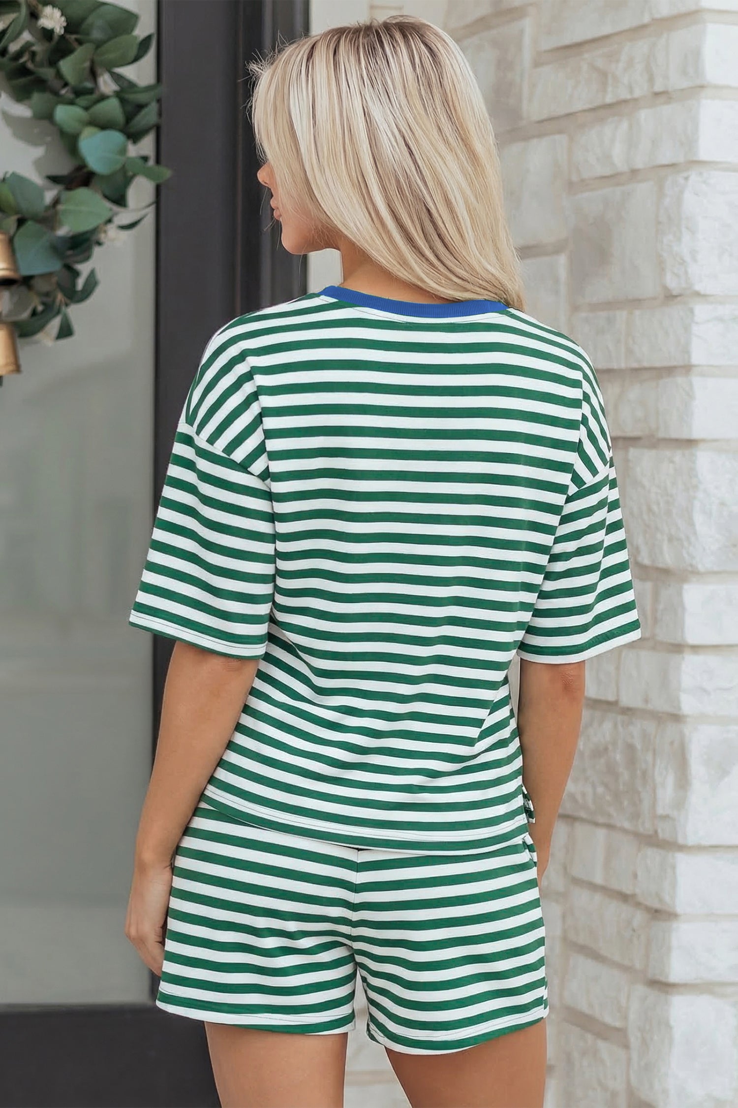 Striped Drop Shoulder Boxy Casual Terry Short Set