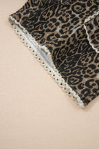 Khaki Contrast Scalloped Lace Trim Leopard Denim Shorts