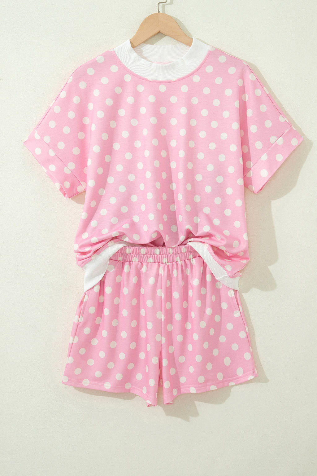 Polka Dot Print Color Block Trim Mock Neck Short Set