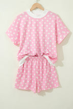 Polka Dot Print Color Block Trim Mock Neck Short Set