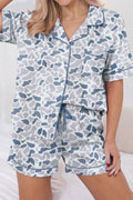 Camouflage Print Lapel Shirt Drawstring 2pcs Short Pyjama Set