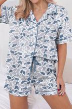 Camouflage Print Lapel Shirt Drawstring 2pcs Short Pyjama Set