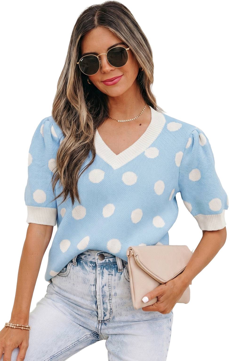 Polka Dot Puff Short Sleeve Sweater Top