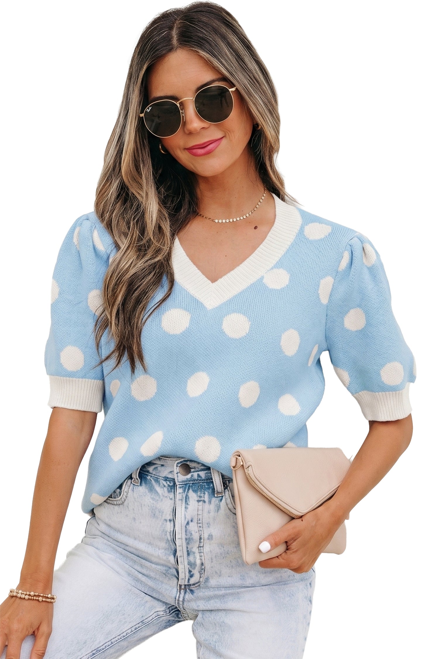 Polka Dot Puff Short Sleeve Sweater Top
