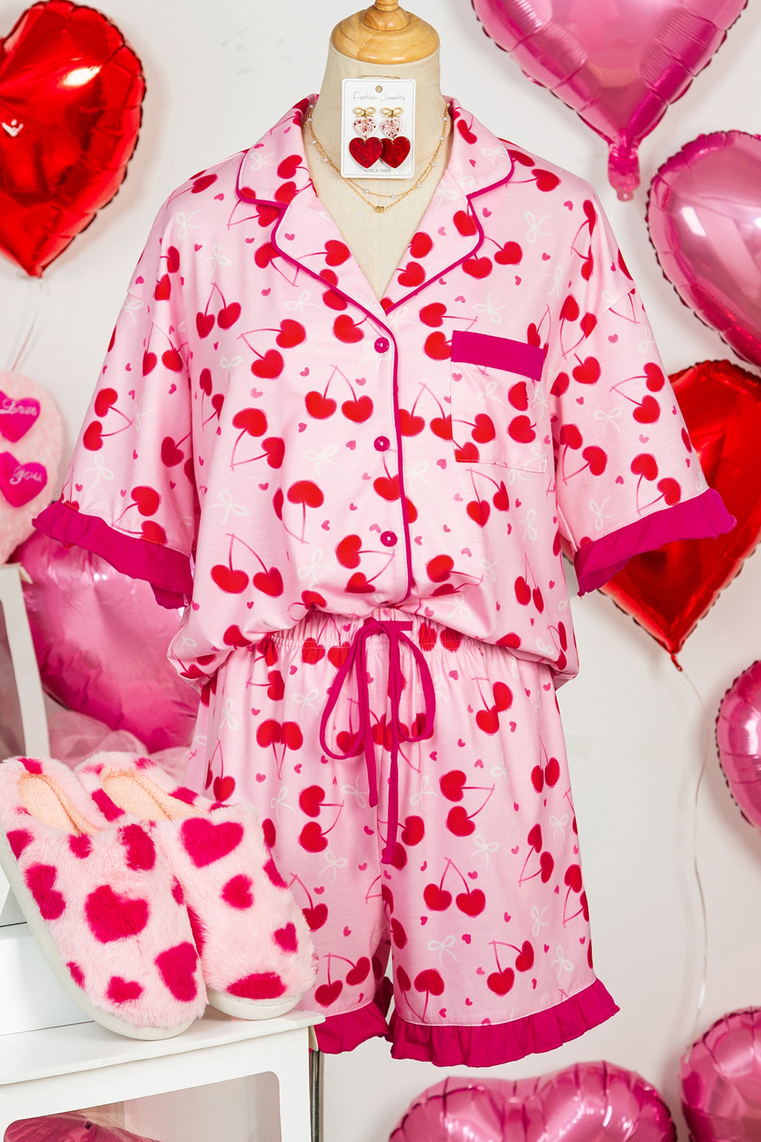 Rose Cherry Bow Mixed Print Scalloped Edge Short Pyjama Set