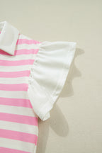 Pink Stripe Collar V Neck Ruffled Short Sleeve Blouse