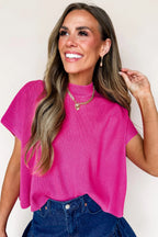 Bright Pink Solid Color Lightweight Ribbed Knit Mock Neck Sweater