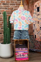 Multicolour Vibrant Paisley Printed Button Keyhole Puff Sleeve Blouse
