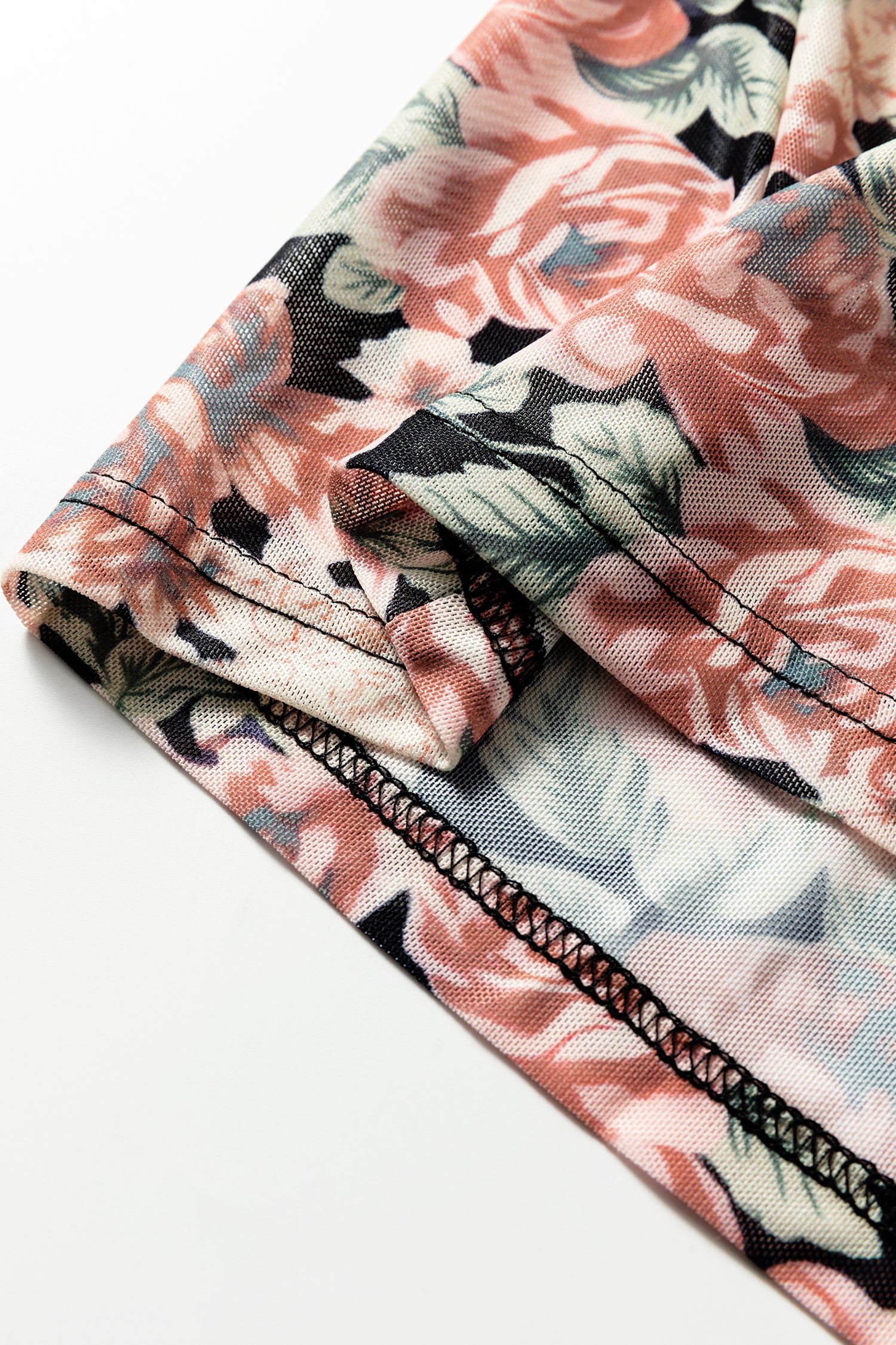 Retro Floral Print Mock Neck Mesh Long Sleeve Top