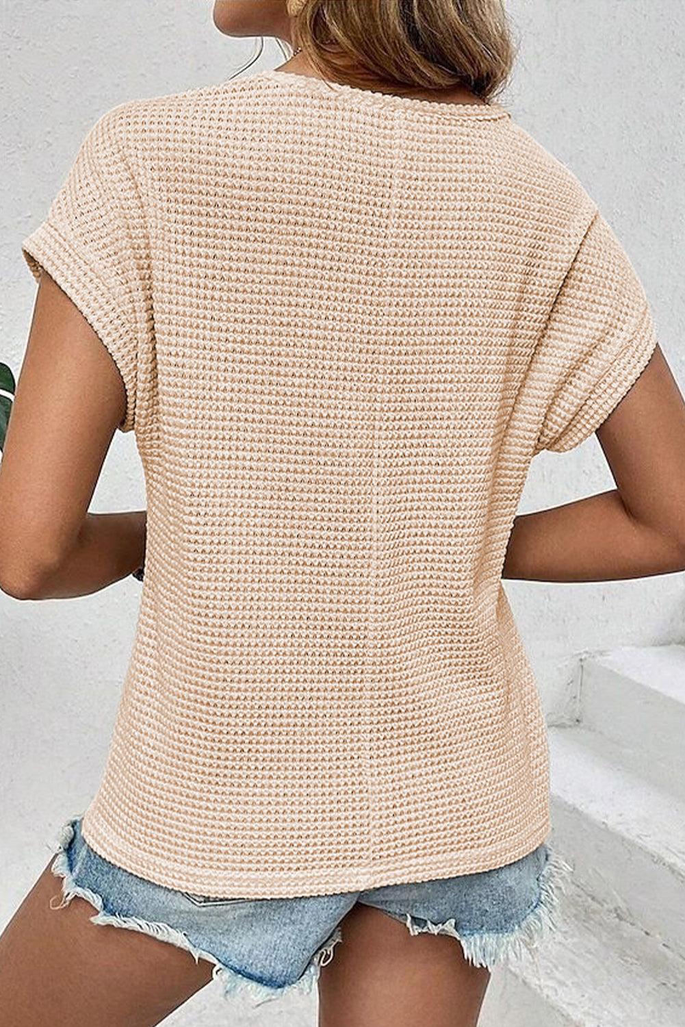 Lace Patchwork Waffle Short Sleeve Top