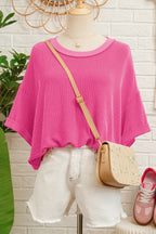 Rose Red Spiral Ribbed Cutout Bow Knot Back Oversize T Shirt