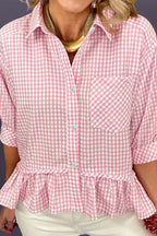 Pink Plaid Half Sleeve Ruffle Hem Button Down Shirt