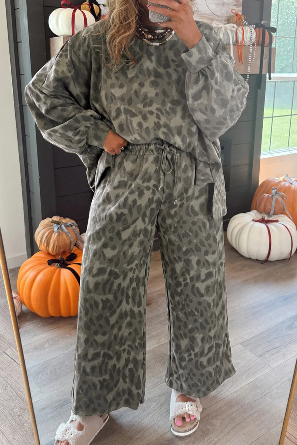 Leopard Print Raw Seam Patchwork Pullover Drawstring Loose Pant Set