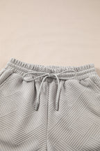 Grey Solid Color Textured Loose Top Casual Two Piece Short Set