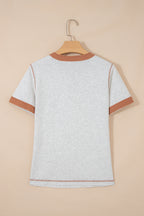 Raw Seam Color Block Detail Buttoned Henley Tee