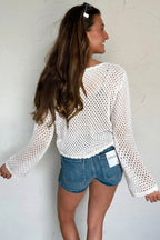 Scalloped Trim Hollow Out Knit Long Sleeve Top