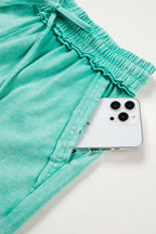 Sea Green Mineral Washed Drawstring Elastic Waist Raw Cut Shorts