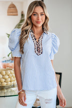 Stripe Ricrac Trim Short Puff Sleeve Leopard Patchwork Collar V Neck Blouse