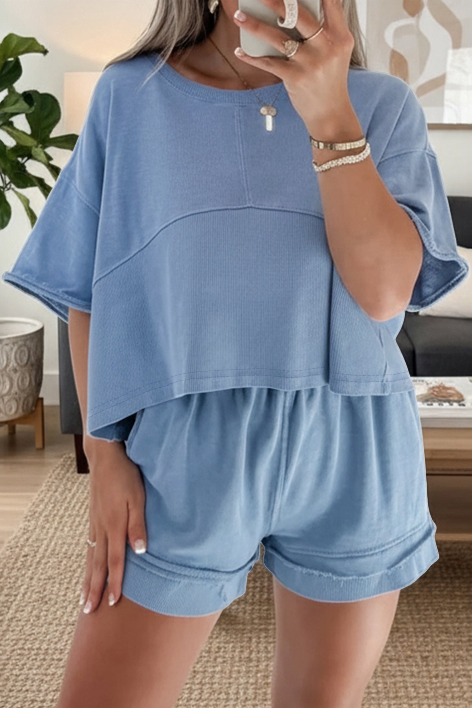 Solid Color Contrast Textured Patchwork Raw Edge 2pcs Short Set
