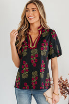 Floral Short Bubble Sleeve Contrast Slit Neckline Blouse