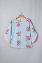 Sky Blue Floral Print Button Cuffed 3/4 Sleeve Round Neck Blouse
