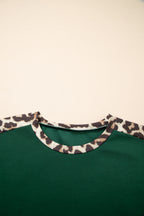 Leopard Trim Round Neck Loose T Shirt