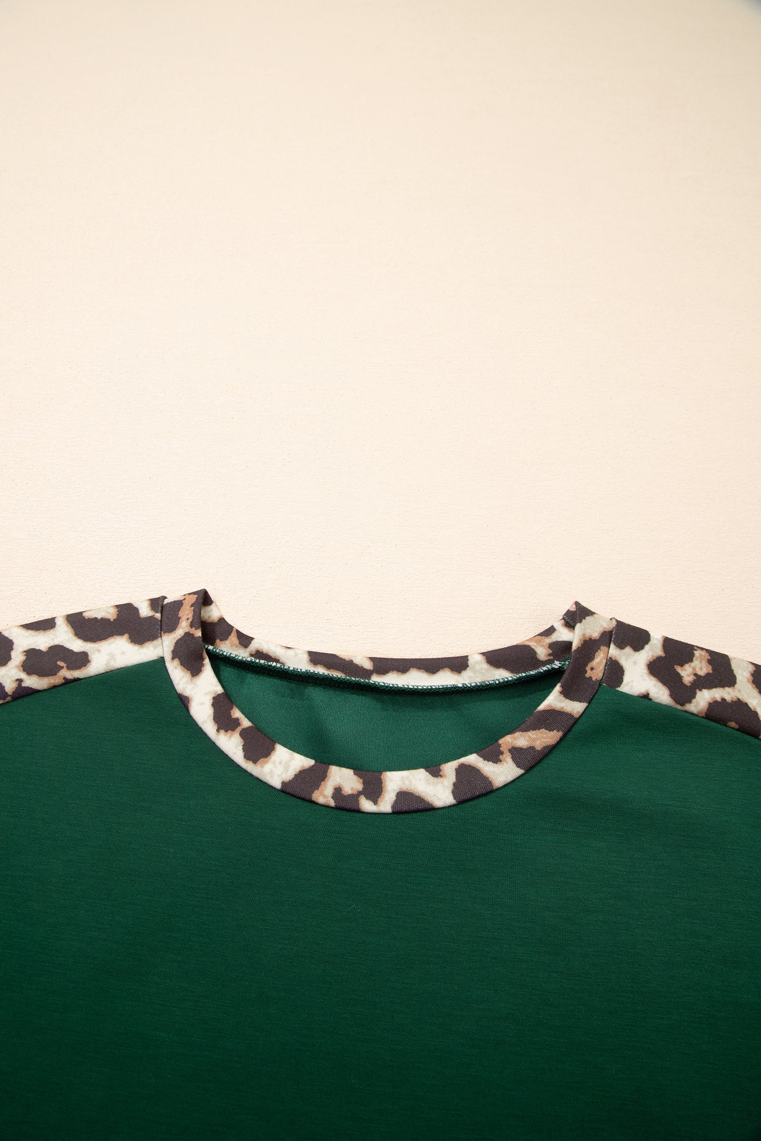 Leopard Trim Round Neck Loose T Shirt