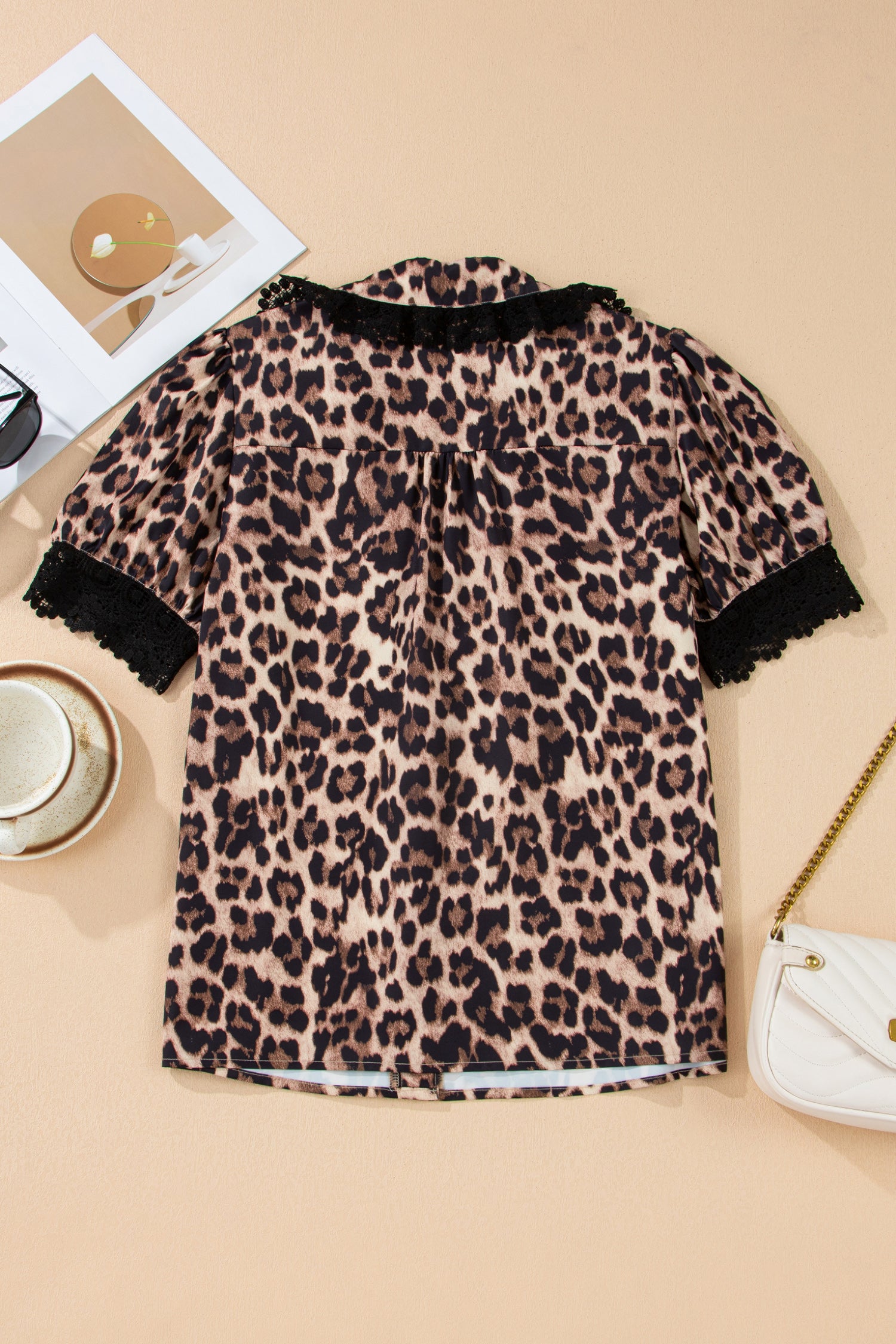Brown Leopard Print Button Down Lace Trim Short Sleeve Shirt